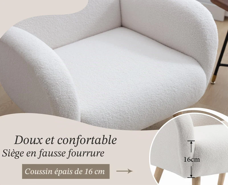 chairus Fauteuil de Loisirs en Fausse Fourrure Modern Chaise de Relaxation pour Salon Sofa de Chambre avec Pieds en Bois (Blanc)