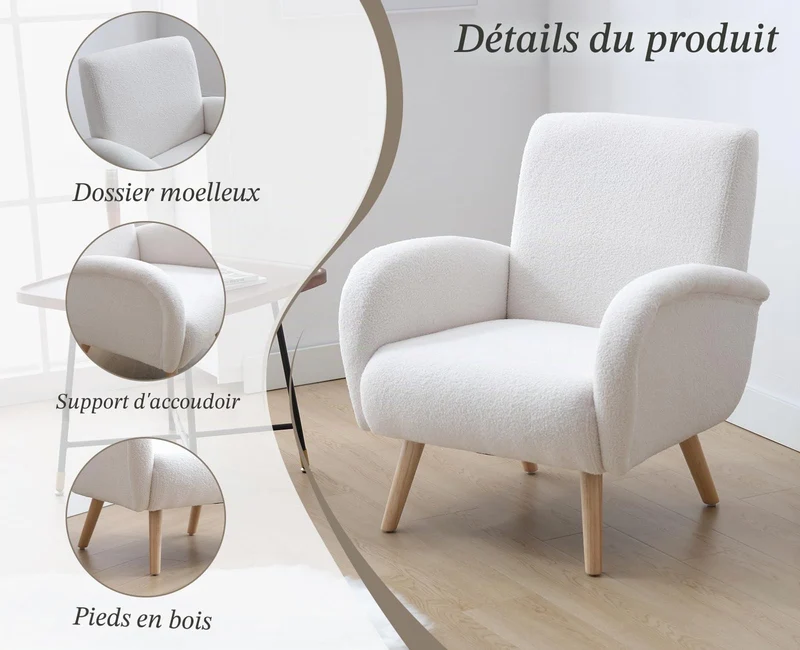 chairus Fauteuil de Loisirs en Fausse Fourrure Modern Chaise de Relaxation pour Salon Sofa de Chambre avec Pieds en Bois (Blanc)