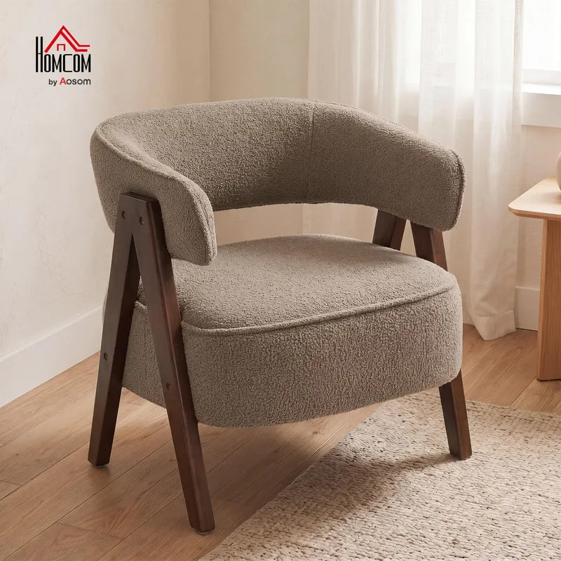 HOMCOM Fauteuil de Salon en Tissu Bouclette, Chaise rembourrée, Assise Large, Dossier Ergonomique, accoudoirs, Pieds en Bois Massif et Structure en Acier, Fauteuil de Chambre, Salon, Bureau, Marron