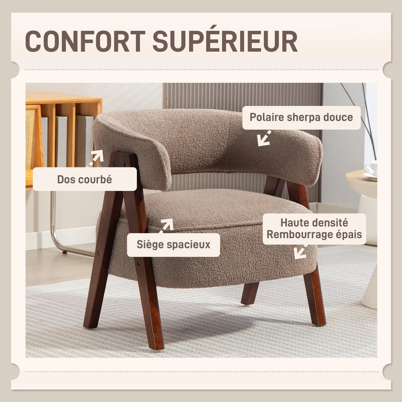 HOMCOM Fauteuil de Salon en Tissu Bouclette, Chaise rembourrée, Assise Large, Dossier Ergonomique, accoudoirs, Pieds en Bois Massif et Structure en Acier, Fauteuil de Chambre, Salon, Bureau, Marron