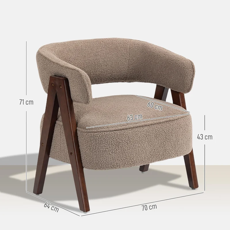HOMCOM Fauteuil de Salon en Tissu Bouclette, Chaise rembourrée, Assise Large, Dossier Ergonomique, accoudoirs, Pieds en Bois Massif et Structure en Acier, Fauteuil de Chambre, Salon, Bureau, Marron