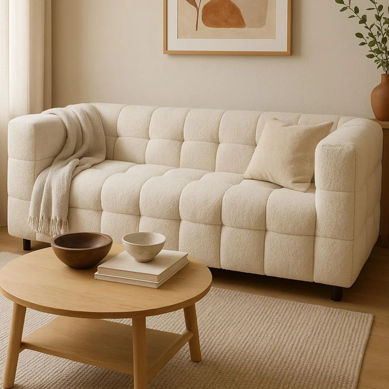 IDMarket - Canapé Droit 2 Places capitonné AMANCE en Tissu Bouclette Beige