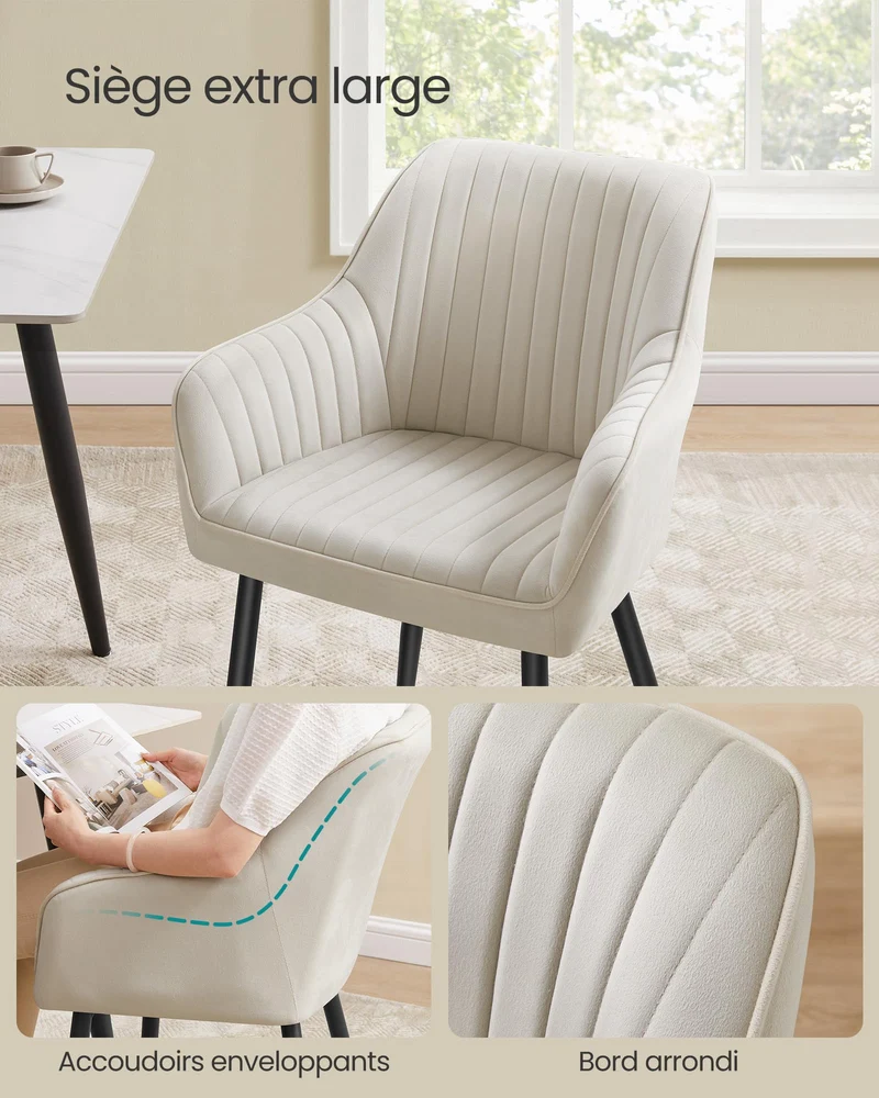 SONGMICS Chaise Salle à Manger, Chaise de Cuisine, Fauteuil en Velours, Rembourrée, avec Accoudoirs, Charge Max. 120 kg, Pieds en Métal, pour Salle à Manger, Beige Cappuccino et Noir d'Encre LDC087W01