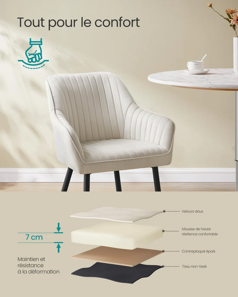 SONGMICS Chaise Salle à Manger, Chaise de Cuisine, Fauteuil en Velours, Rembourrée, avec Accoudoirs, Charge Max. 120 kg, Pieds en Métal, pour Salle à Manger, Beige Cappuccino et Noir d'Encre LDC087W01