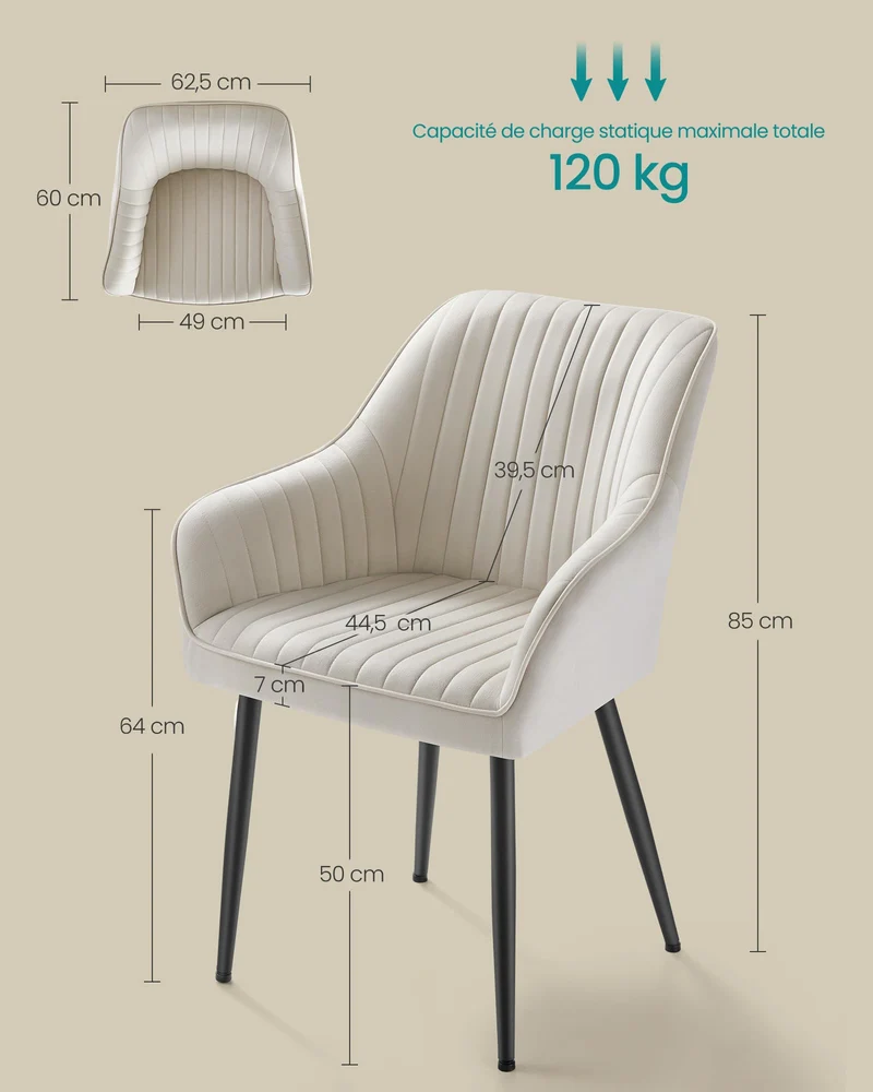 SONGMICS Chaise Salle à Manger, Chaise de Cuisine, Fauteuil en Velours, Rembourrée, avec Accoudoirs, Charge Max. 120 kg, Pieds en Métal, pour Salle à Manger, Beige Cappuccino et Noir d'Encre LDC087W01