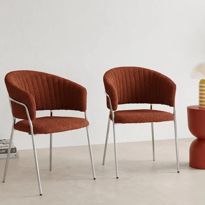 Lot de 2 chaises en Tissu bouclé Rouille et piètement chromé - Isya
