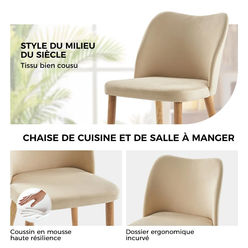 HULALA HOME Chaise Salle a Manger, Chaise Coiffeuse Moderne, Lot de 2 Chaises de Salle à Manger, Confortables avec Pieds en Bois, Convient au Salon, Salle à Manger, Chambre, Beige