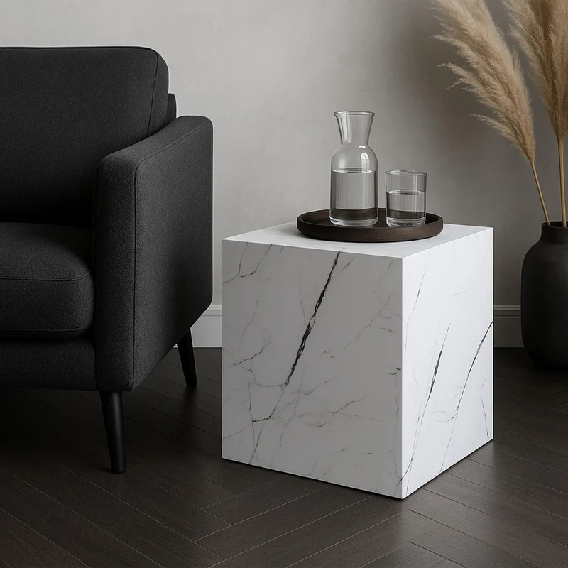 [en.casa] Table d'Appoint en Forme de Cube Bout de Canapé Design Unique Support de Plantes Table de Chevet Capacité de Charge 30 kg MDF 45 x 40 x 40 cm Aspect Marbre Blanc