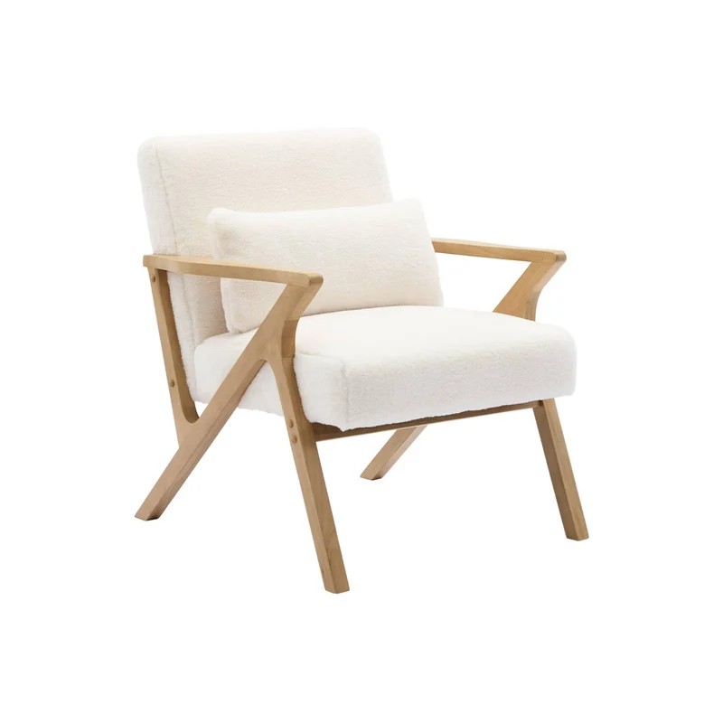 sweeek - Fauteuil scandinave Bois d'hévéa et Tissu Effet Fausse Fourrure Blanc crème