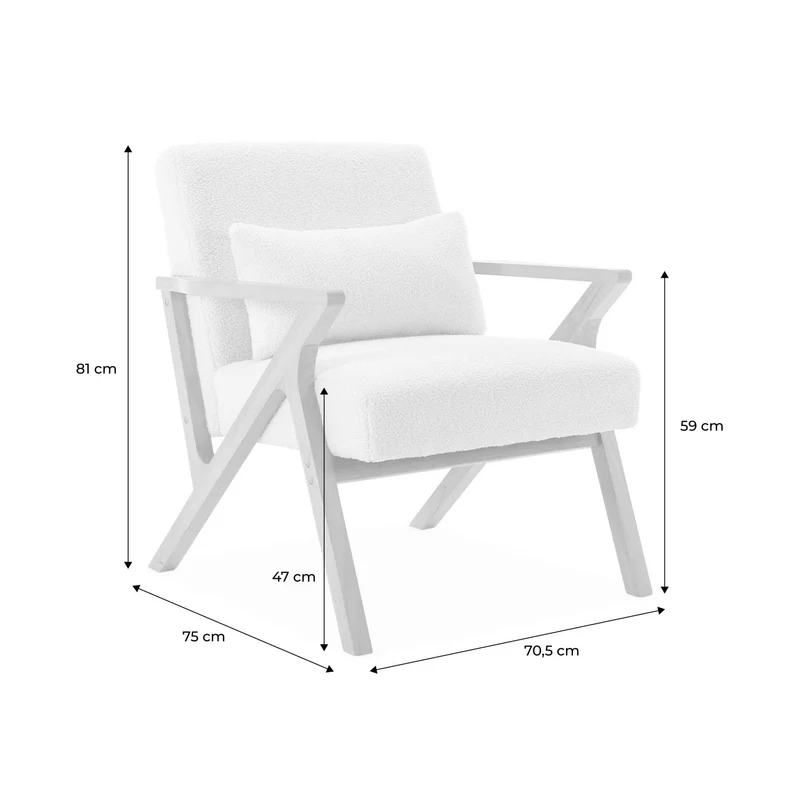 sweeek - Fauteuil scandinave Bois d'hévéa et Tissu Effet Fausse Fourrure Blanc crème