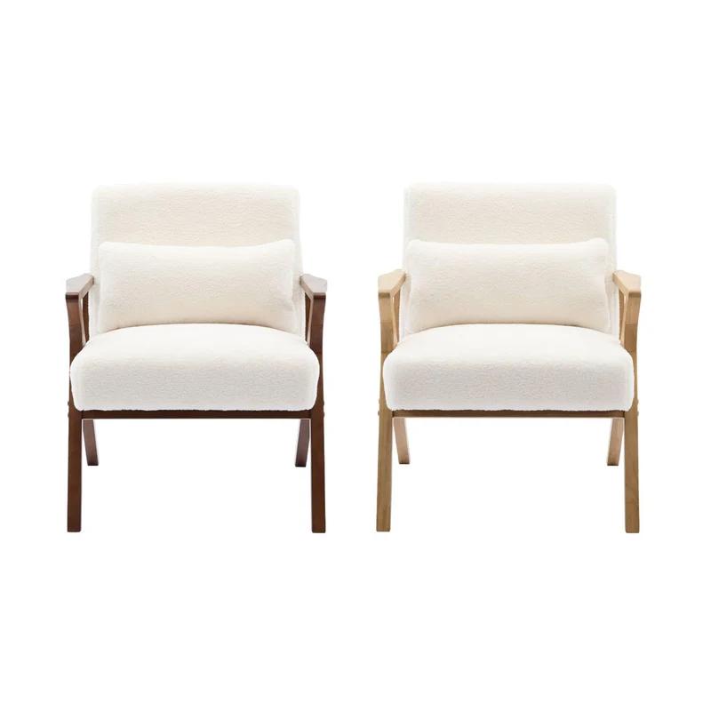 sweeek - Fauteuil scandinave Bois d'hévéa et Tissu Effet Fausse Fourrure Blanc crème