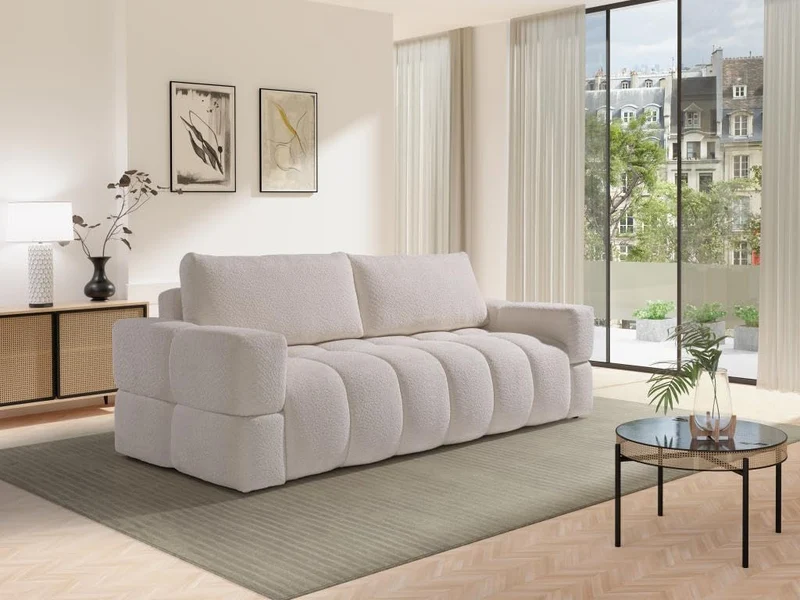 Vente-unique - Canapé 3 Places Convertible en Tissu Bouclette Beige ISSORO II