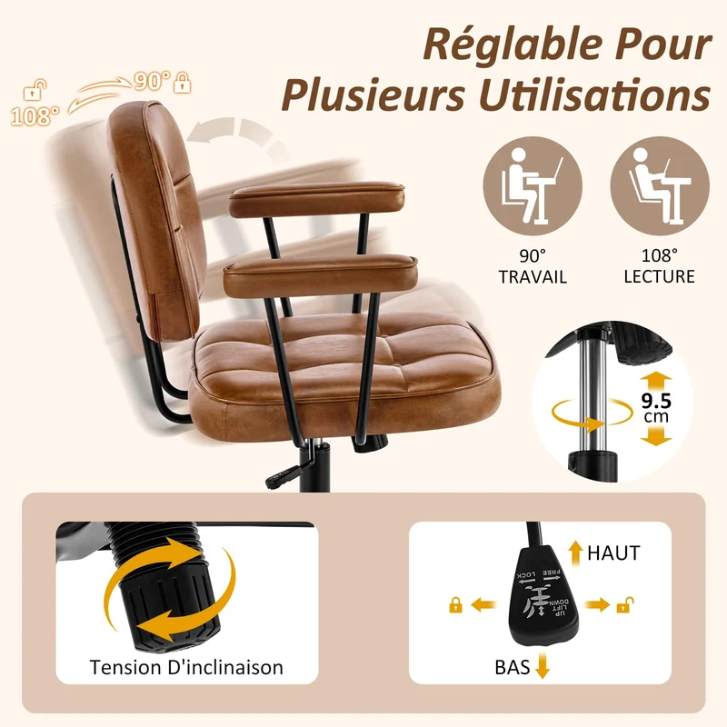 Hellove Chaise de Bureau avec roulettes, Fauteuil de Bureau en Cuir PU Hauteur Réglable, Siège Roulante Pivotante à Dossier pour Salon et Chambre à Coucher, Marron