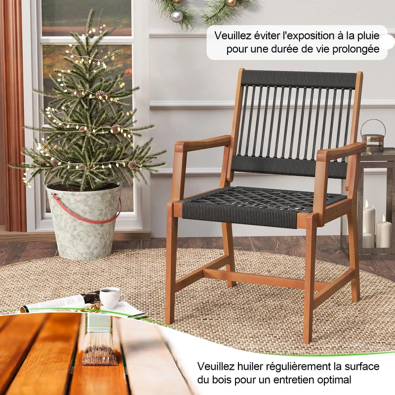 GOPLUS Lot de 2 Chaises Jardins Bois d'Acacia, Tissées en Corde, 2 Pcs Fauteuils d’Extérieur pour Terrasse, Jardin, Arrière-Cour, Charge 160KG,64 x 57 x 90 cm