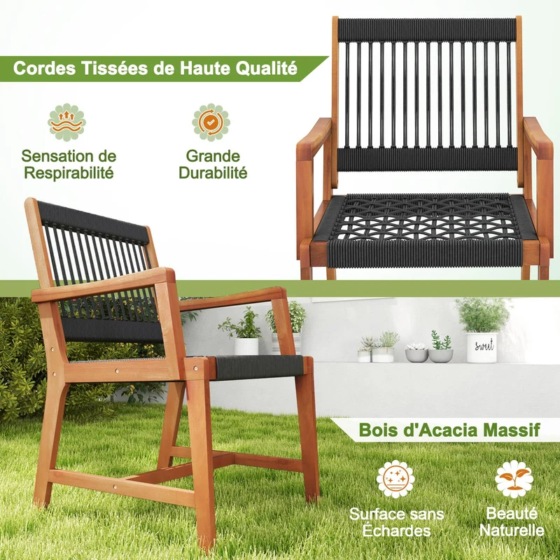 GOPLUS Lot de 2 Chaises Jardins Bois d'Acacia, Tissées en Corde, 2 Pcs Fauteuils d’Extérieur pour Terrasse, Jardin, Arrière-Cour, Charge 160KG,64 x 57 x 90 cm