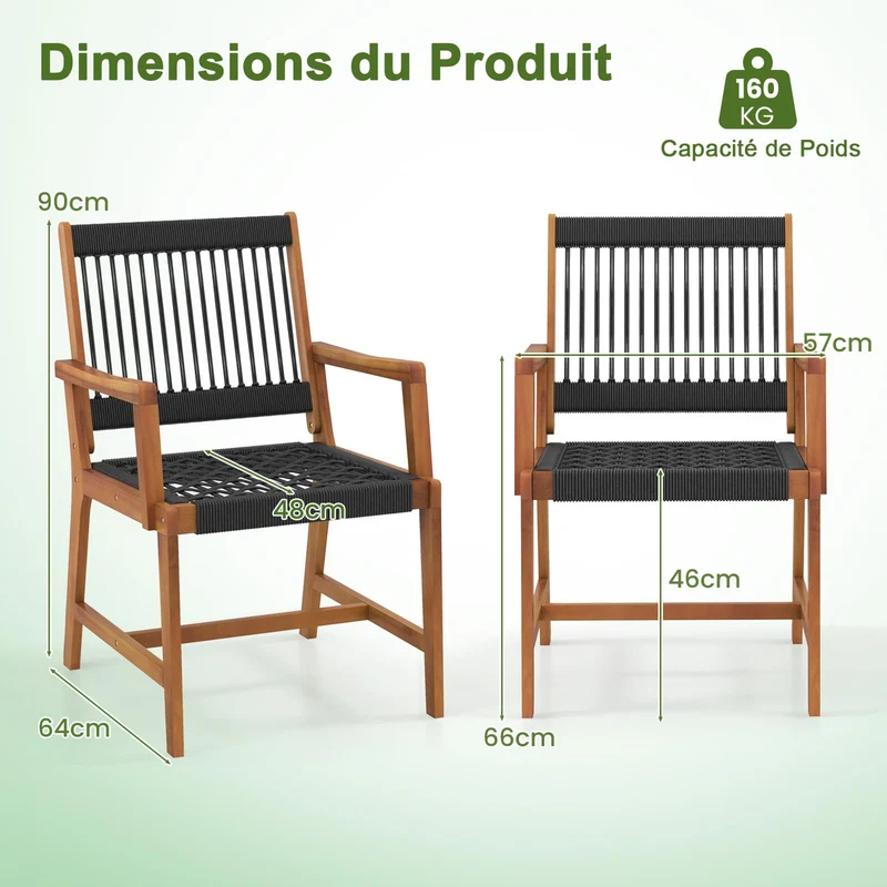 GOPLUS Lot de 2 Chaises Jardins Bois d'Acacia, Tissées en Corde, 2 Pcs Fauteuils d’Extérieur pour Terrasse, Jardin, Arrière-Cour, Charge 160KG,64 x 57 x 90 cm