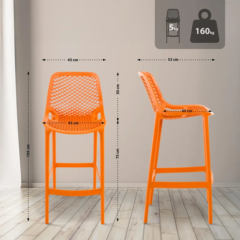 CLP Lot de 2 tabourets de Bar Jardin Air, chaises de Jardin Dossier, tabourets de comptoir résistants aux intempéries, UV, polypropylène, Couleur:Orange