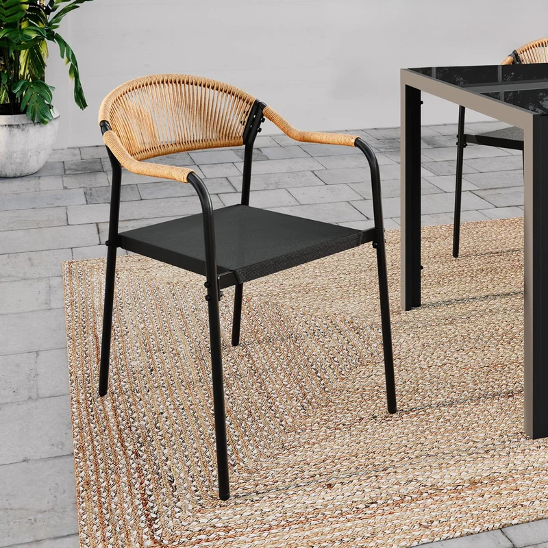 IDMarket - Lot de 4 chaises de Jardin Madeira métal, Cordage et textilène Noir et rotin Clair