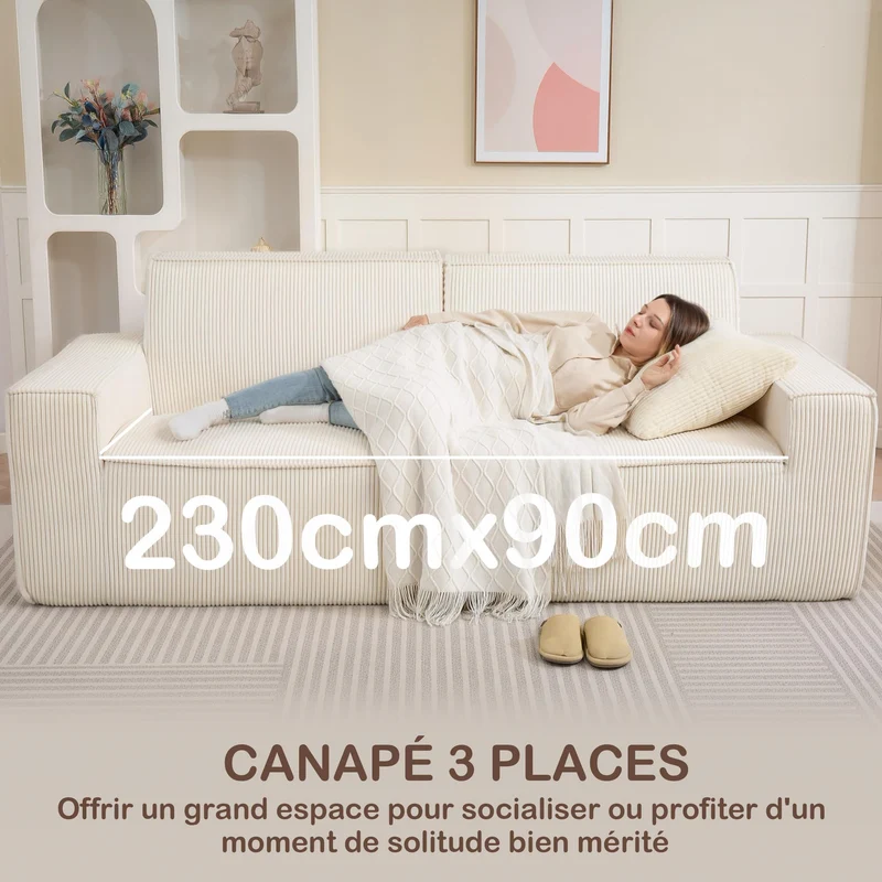 HOMCOM Canapé 3 Places en Velours côtelé 230 cm, canapé Moderne avec Assise et accoudoirs rembourrées, entièrement compressé Pas de Montage nécessaire, pour Salon, Chambre, Bureau, Beige