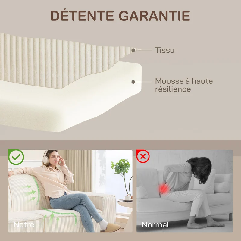 HOMCOM Canapé 3 Places en Velours côtelé 230 cm, canapé Moderne avec Assise et accoudoirs rembourrées, entièrement compressé Pas de Montage nécessaire, pour Salon, Chambre, Bureau, Beige