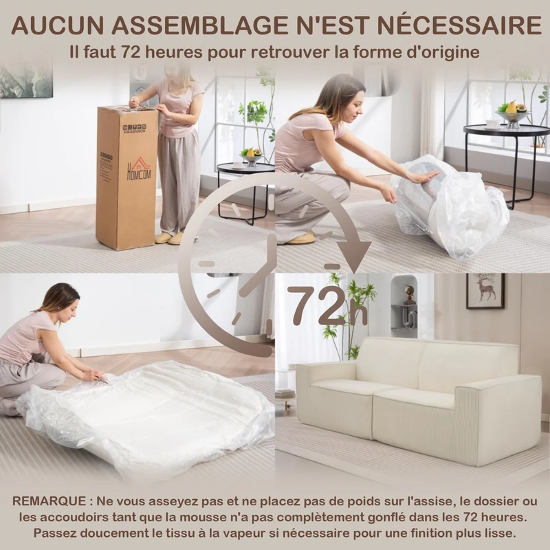 HOMCOM Canapé 3 Places en Velours côtelé 230 cm, canapé Moderne avec Assise et accoudoirs rembourrées, entièrement compressé Pas de Montage nécessaire, pour Salon, Chambre, Bureau, Beige