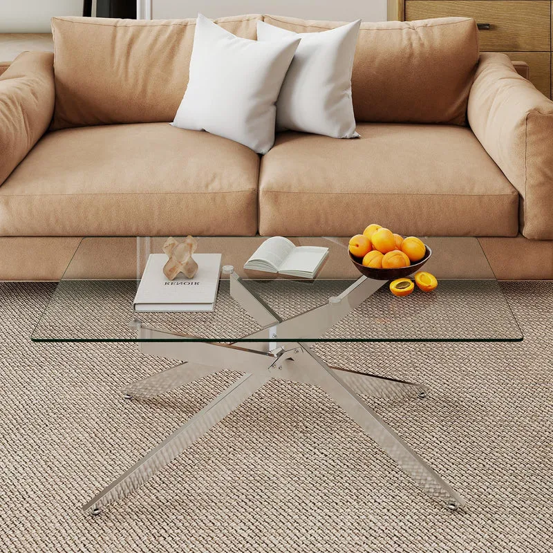 COSTWAY Table Basse Verre Axis, Table Basse Salon Transparente, Plateau Rectangulaire, Pieds Tubulaires en Métal Chromé, Design Argent Moderne, pour Appartement, Maison