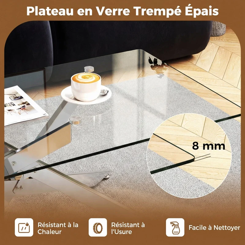 COSTWAY Table Basse Verre Axis, Table Basse Salon Transparente, Plateau Rectangulaire, Pieds Tubulaires en Métal Chromé, Design Argent Moderne, pour Appartement, Maison