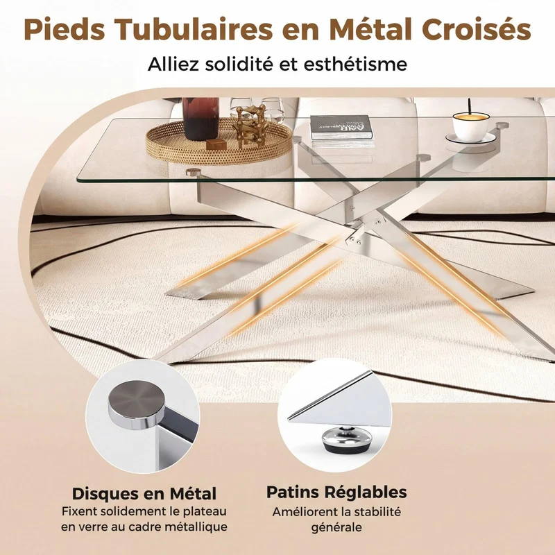 COSTWAY Table Basse Verre Axis, Table Basse Salon Transparente, Plateau Rectangulaire, Pieds Tubulaires en Métal Chromé, Design Argent Moderne, pour Appartement, Maison