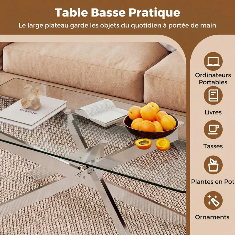 COSTWAY Table Basse Verre Axis, Table Basse Salon Transparente, Plateau Rectangulaire, Pieds Tubulaires en Métal Chromé, Design Argent Moderne, pour Appartement, Maison
