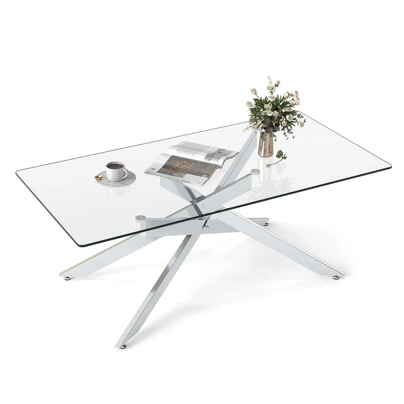 COSTWAY Table Basse Verre Axis, Table Basse Salon Transparente, Plateau Rectangulaire, Pieds Tubulaires en Métal Chromé, Design Argent Moderne, pour Appartement, Maison