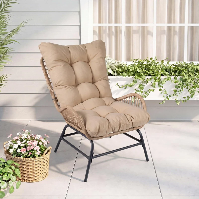 COSTWAY Fauteuil de Jardin en Rotin PE, Charge 180 kg, Chaise de Jardin avec Coussin Amovible, Cadre en Métal, Dossier Incliné, Fauteuil Exterieur pour Piscine Porche Balcon, 84 x 68 x 87 cm (Brun,1)