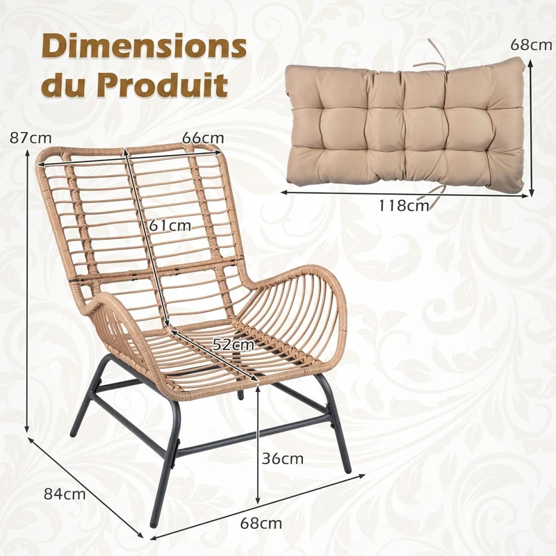 COSTWAY Fauteuil de Jardin en Rotin PE, Charge 180 kg, Chaise de Jardin avec Coussin Amovible, Cadre en Métal, Dossier Incliné, Fauteuil Exterieur pour Piscine Porche Balcon, 84 x 68 x 87 cm (Brun,1)