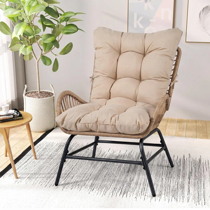 COSTWAY Fauteuil de Jardin en Rotin PE, Charge 180 kg, Chaise de Jardin avec Coussin Amovible, Cadre en Métal, Dossier Incliné, Fauteuil Exterieur pour Piscine Porche Balcon, 84 x 68 x 87 cm (Brun,1)