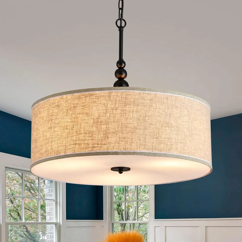 SHRINE Lighting Lustre tambour, suspension tambour pour salle à manger, D50 x H20 cm, chaînes réglables 59″, 3 douilles E27, abat-jour en tissu lin beige et tige noire