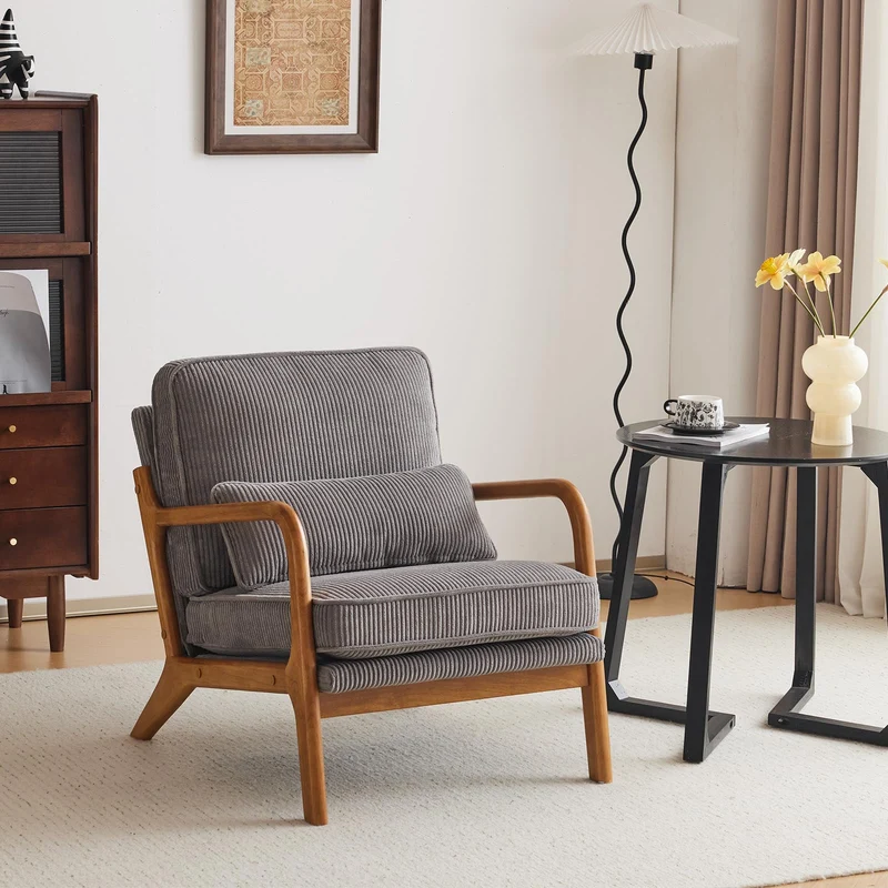 Bonnlo Fauteuil de Salon en Velours Côtelé, Chaise d'Appoint Relaxation avec Cadre en Bois, Siège Confortable pour Salon, Chambre, Terrasse, 65 x 80 x 78 cm (Gris Clair)