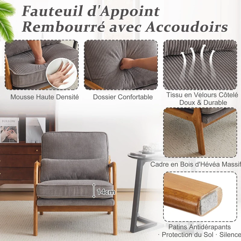 Bonnlo Fauteuil de Salon en Velours Côtelé, Chaise d'Appoint Relaxation avec Cadre en Bois, Siège Confortable pour Salon, Chambre, Terrasse, 65 x 80 x 78 cm (Gris Clair)
