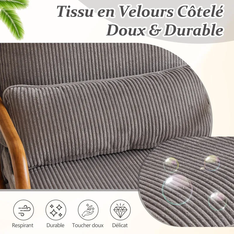 Bonnlo Fauteuil de Salon en Velours Côtelé, Chaise d'Appoint Relaxation avec Cadre en Bois, Siège Confortable pour Salon, Chambre, Terrasse, 65 x 80 x 78 cm (Gris Clair)