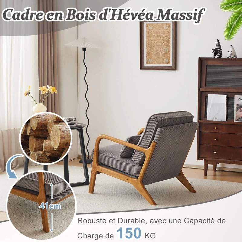 Bonnlo Fauteuil de Salon en Velours Côtelé, Chaise d'Appoint Relaxation avec Cadre en Bois, Siège Confortable pour Salon, Chambre, Terrasse, 65 x 80 x 78 cm (Gris Clair)