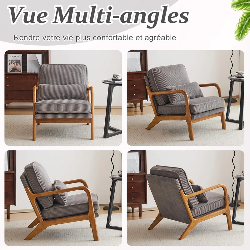 Bonnlo Fauteuil de Salon en Velours Côtelé, Chaise d'Appoint Relaxation avec Cadre en Bois, Siège Confortable pour Salon, Chambre, Terrasse, 65 x 80 x 78 cm (Gris Clair)