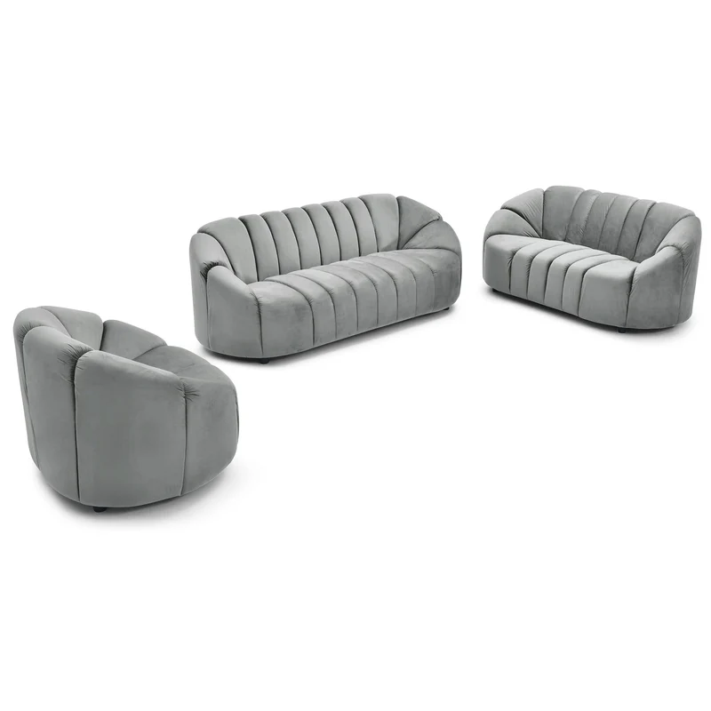Menzzo Canapé 3 Places SIDONIE Velours Gris – Design Moderne 201 cm – Canapé Droit Confortable avec Coussin Décoratif – Salon Élégant Style Contemporain