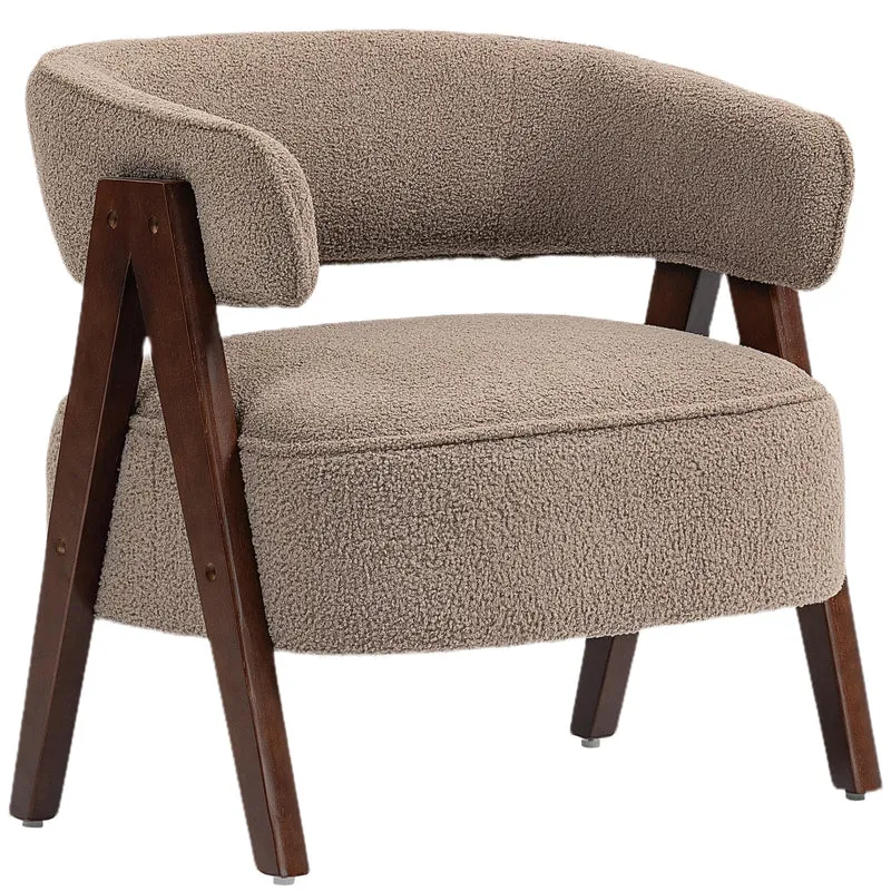 HOMCOM Fauteuil de Salon en Tissu Bouclette, Chaise rembourrée, Assise Large, Dossier Ergonomique, accoudoirs, Pieds en Bois Massif et Structure en Acier, Fauteuil de Chambre, Salon, Bureau, Marron