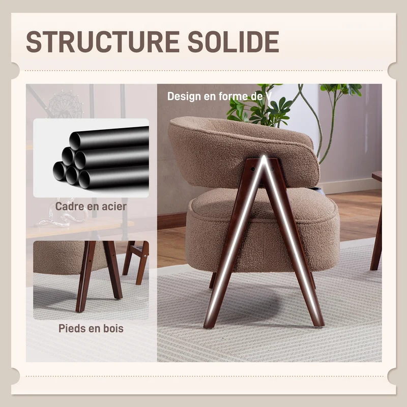 HOMCOM Fauteuil de Salon en Tissu Bouclette, Chaise rembourrée, Assise Large, Dossier Ergonomique, accoudoirs, Pieds en Bois Massif et Structure en Acier, Fauteuil de Chambre, Salon, Bureau, Marron