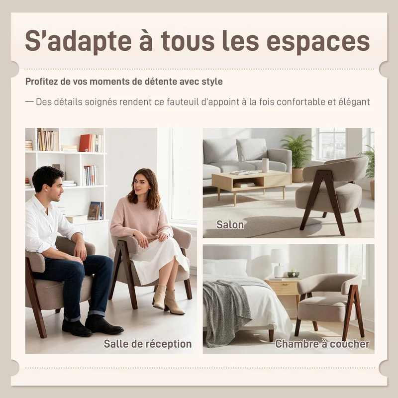 HOMCOM Fauteuil de Salon en Tissu Bouclette, Chaise rembourrée, Assise Large, Dossier Ergonomique, accoudoirs, Pieds en Bois Massif et Structure en Acier, Fauteuil de Chambre, Salon, Bureau, Marron