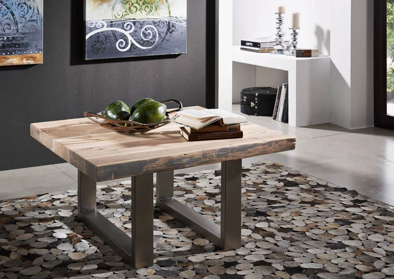 MASSIVMOEBEL24.DE Table Basse carrée 90x90cm - Fer et Bois Massif d'acacia laqué (Natural Stone) - Freeform #122