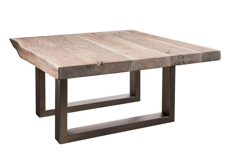MASSIVMOEBEL24.DE Table Basse carrée 90x90cm - Fer et Bois Massif d'acacia laqué (Natural Stone) - Freeform #122
