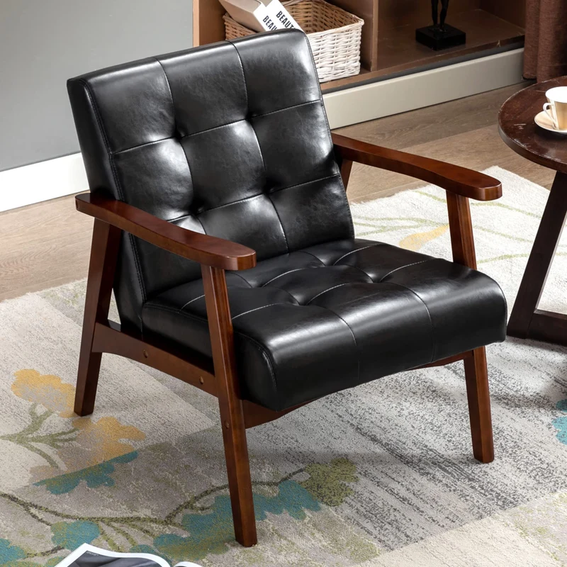 HomeMiYN Fauteuil Salon Vintage en Cuir, Fauteuil en Bois Massif, Fauteuil d'appoint Vintage Rembourrage Épais et Dossier Ergonomique pour Salon, Chambre, Café, Bureau Noir