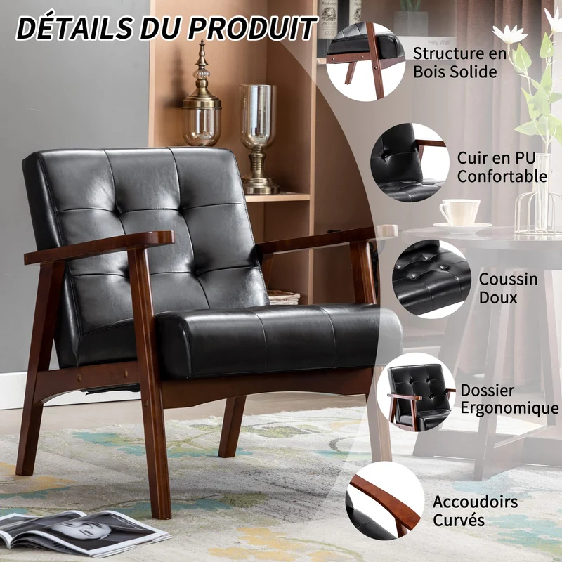 HomeMiYN Fauteuil Salon Vintage en Cuir, Fauteuil en Bois Massif, Fauteuil d'appoint Vintage Rembourrage Épais et Dossier Ergonomique pour Salon, Chambre, Café, Bureau Noir