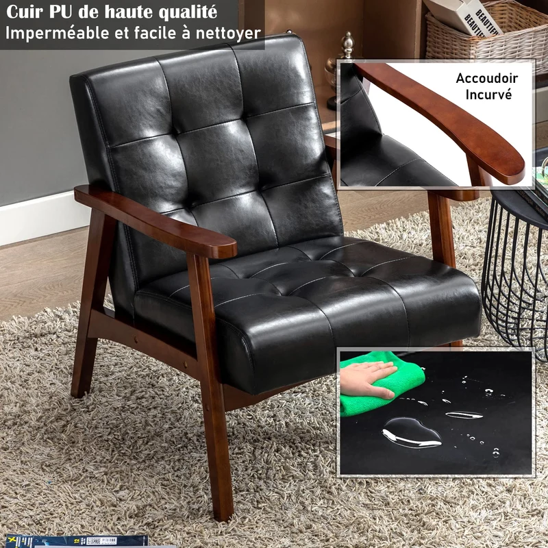 HomeMiYN Fauteuil Salon Vintage en Cuir, Fauteuil en Bois Massif, Fauteuil d'appoint Vintage Rembourrage Épais et Dossier Ergonomique pour Salon, Chambre, Café, Bureau Noir