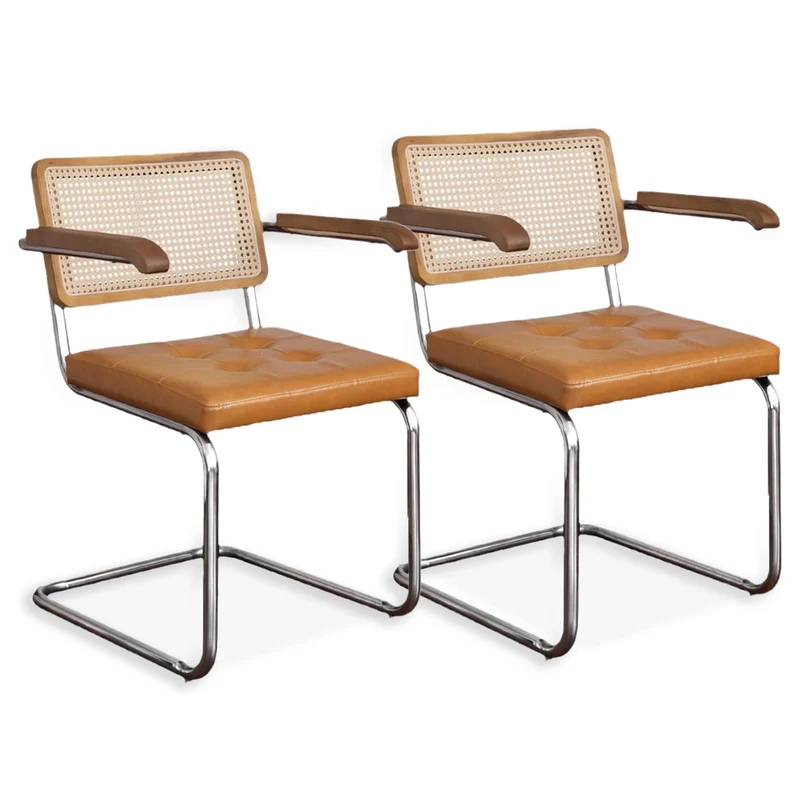 SEEDWAVE Lot de 2 Chaises Cantilever de Salle à Manger avec Tressage Viennois, Accoudoirs en Bois Massif et Assise en Cuir PU, Design Vintage pour Salle à Manger et Salon