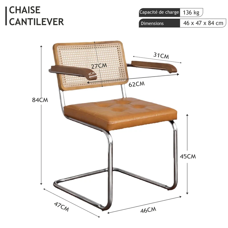 SEEDWAVE Lot de 2 Chaises Cantilever de Salle à Manger avec Tressage Viennois, Accoudoirs en Bois Massif et Assise en Cuir PU, Design Vintage pour Salle à Manger et Salon